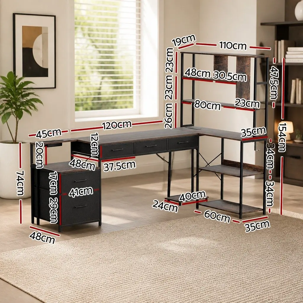 L Shaped Gaming Computer Desk Rustic Brown 200cm Particle Board and Steel Frame