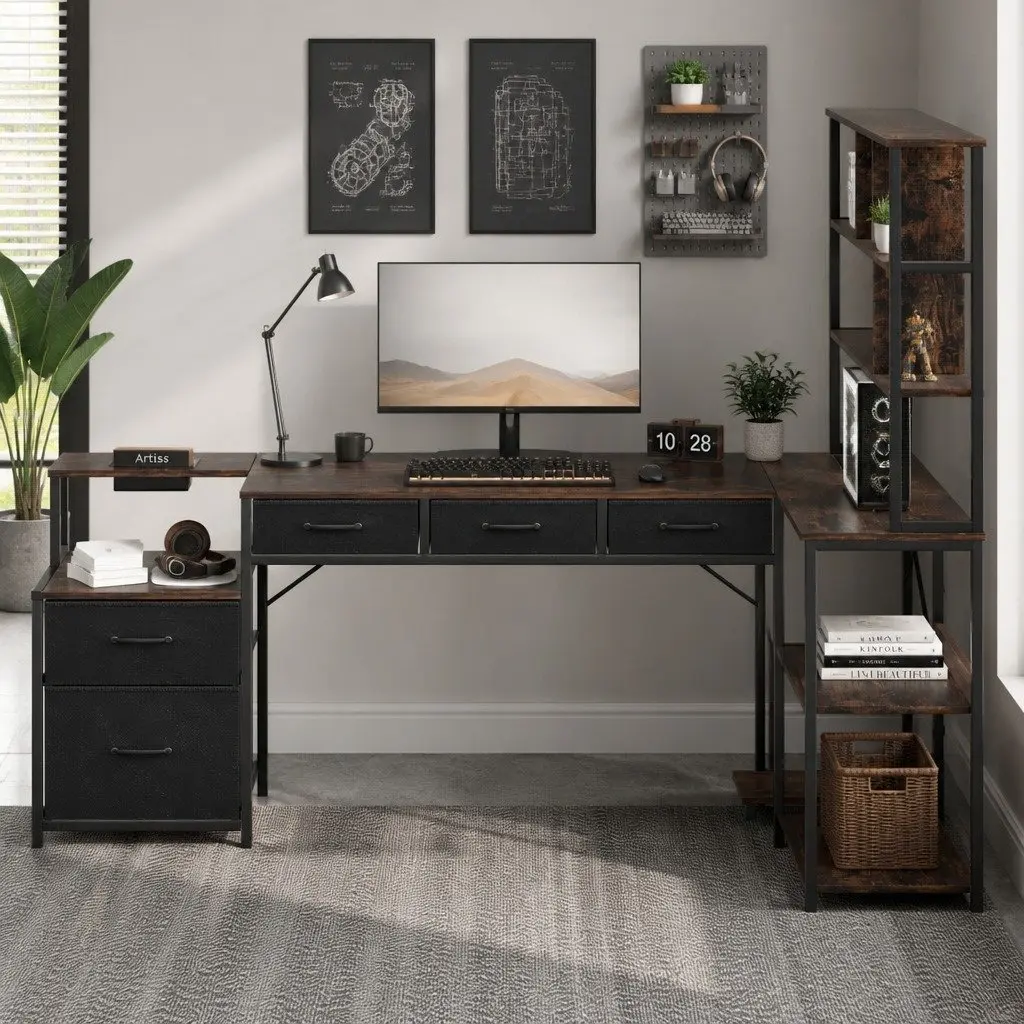L Shaped Gaming Computer Desk Rustic Brown 200cm Particle Board and Steel Frame