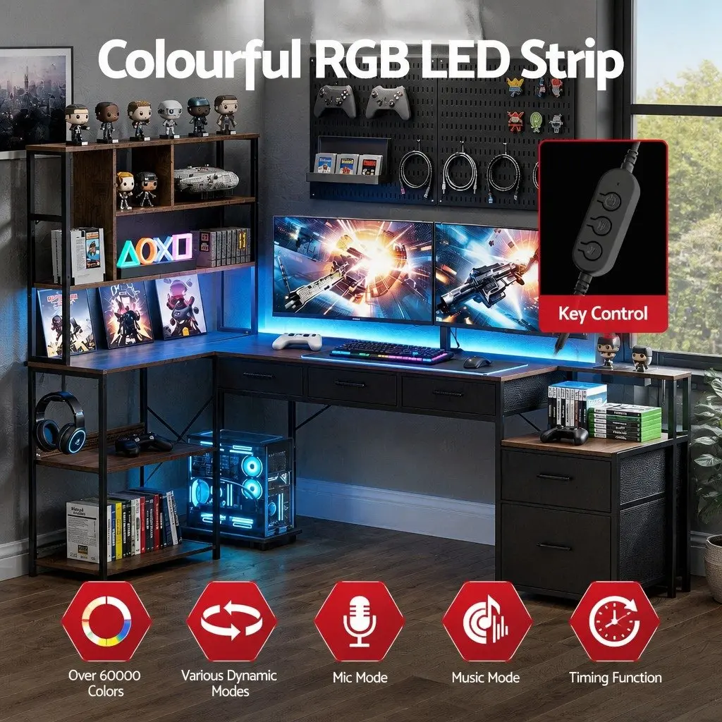 L Shaped Gaming Computer Desk Rustic Brown 200cm Particle Board and Steel Frame