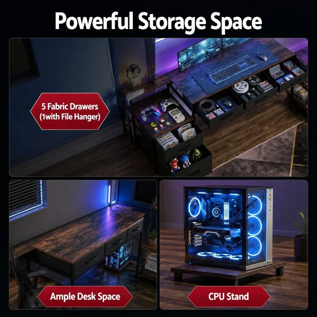 L Shaped Gaming Computer Desk Rustic Brown 200cm Particle Board and Steel Frame