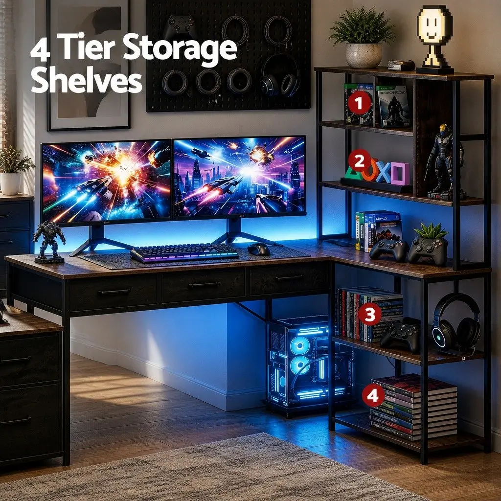 L Shaped Gaming Computer Desk Rustic Brown 200cm Particle Board and Steel Frame