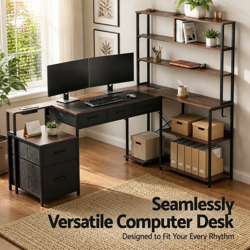 L Shaped Gaming Computer Desk Rustic Brown 200cm Particle Board and Steel Frame