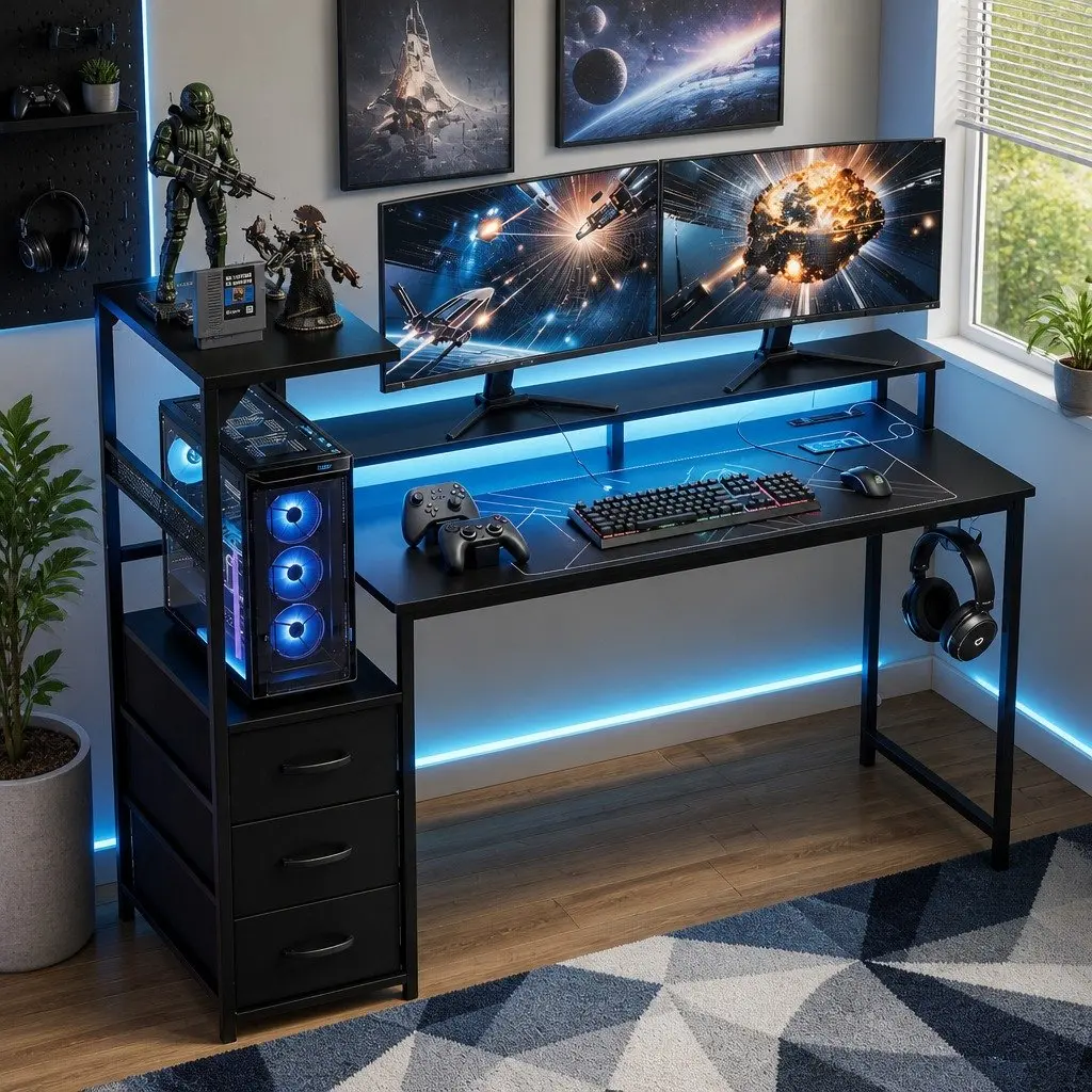L Shaped Gaming Desk 145cm Black Particle Board Steel Frame with RGB LED Lights