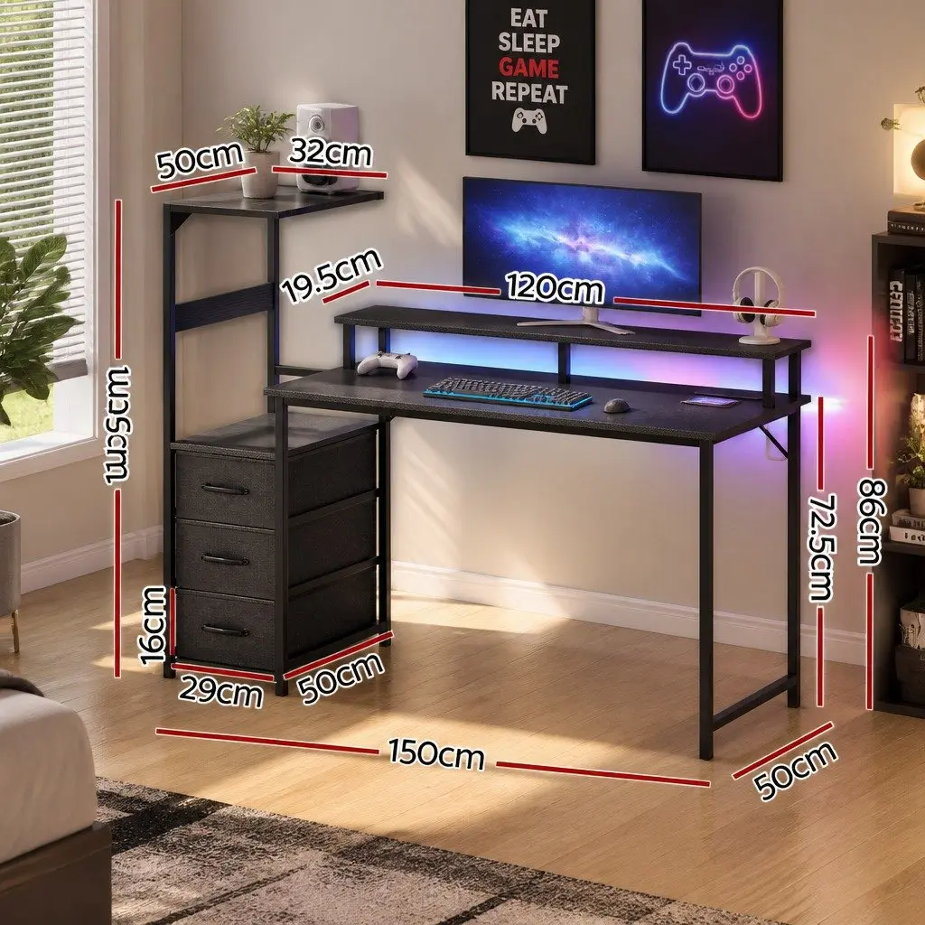 L Shaped Gaming Desk 145cm Black Particle Board Steel Frame with RGB LED Lights