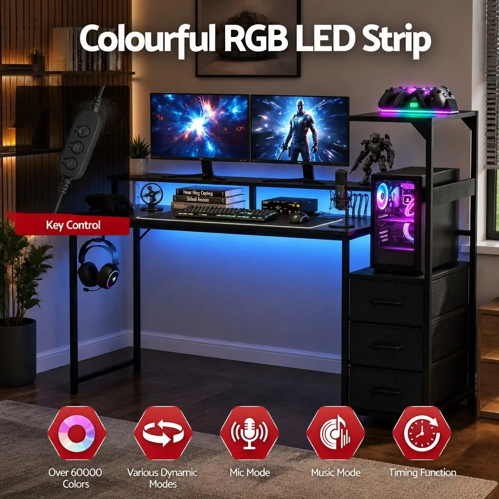 L Shaped Gaming Desk 145cm Black Particle Board Steel Frame with RGB LED Lights
