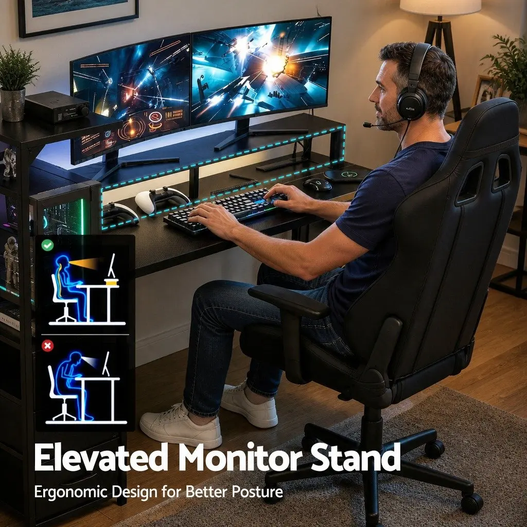 L Shaped Gaming Desk 145cm Black Particle Board Steel Frame with RGB LED Lights