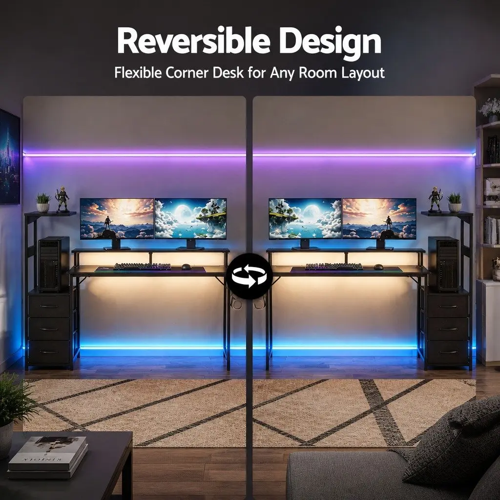 L Shaped Gaming Desk 145cm Black Particle Board Steel Frame with RGB LED Lights