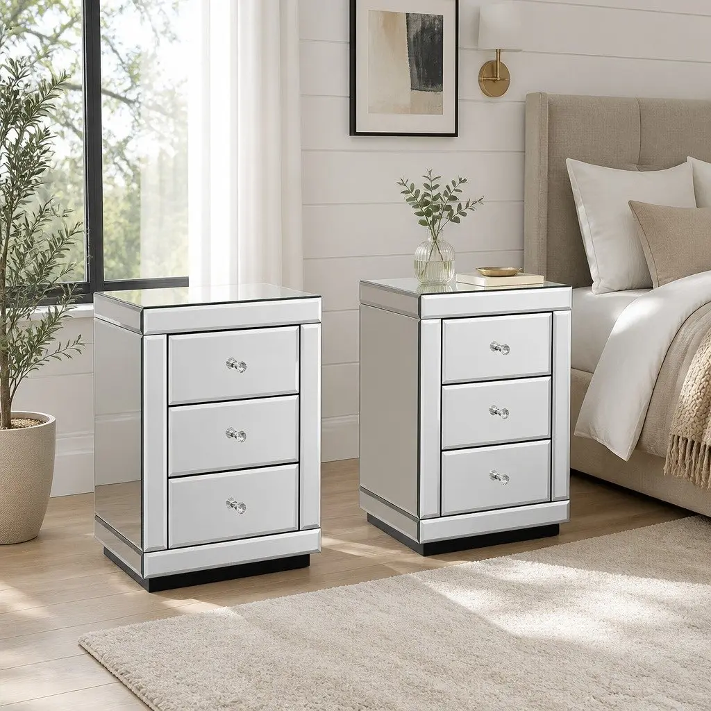 Set of 2 Bedside Tables 3 Drawers Silver Mirrored Glass Bedroom Storage