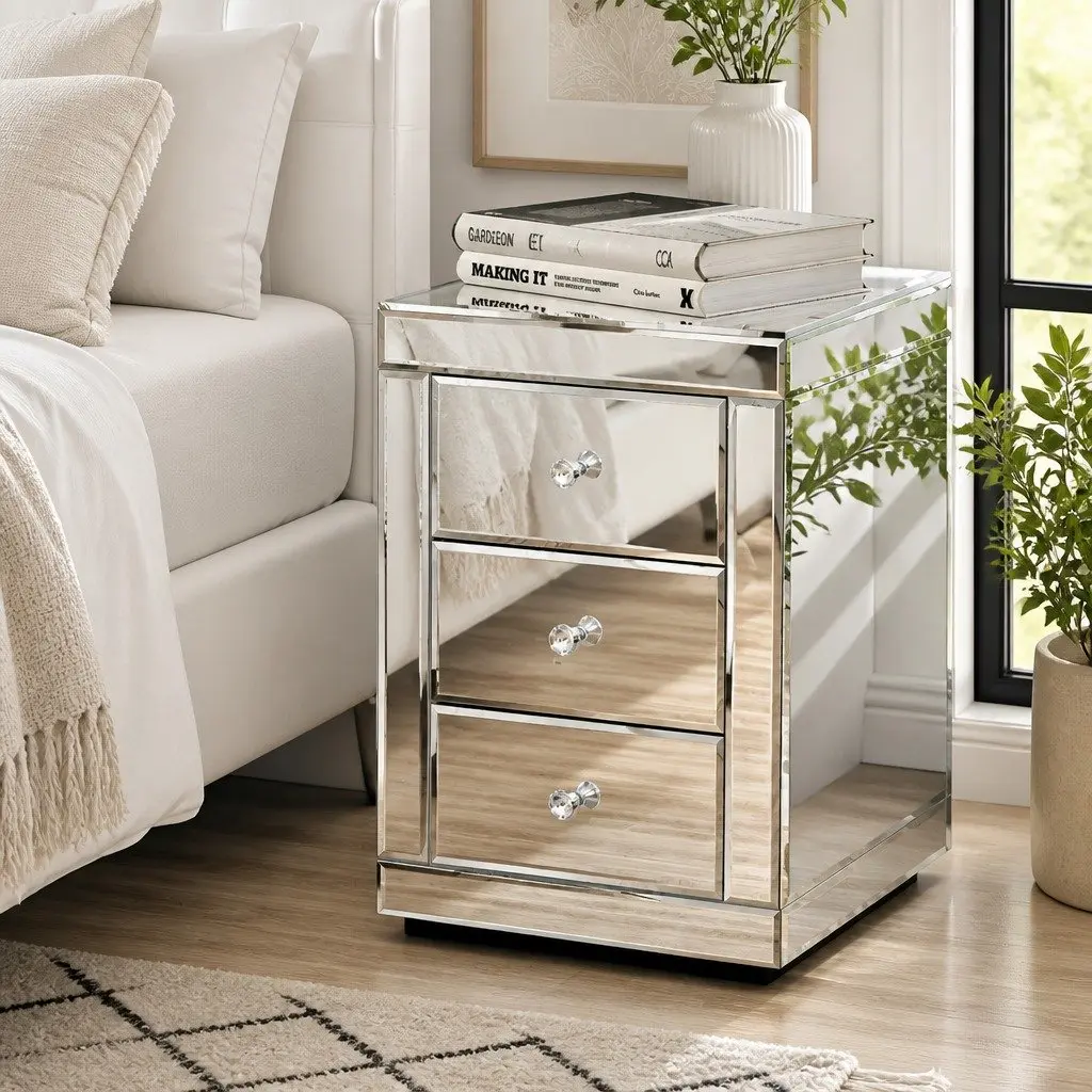 Set of 2 Bedside Tables 3 Drawers Silver Mirrored Glass Bedroom Storage