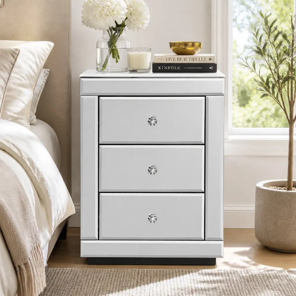 Set of 2 Bedside Tables 3 Drawers Silver Mirrored Glass Bedroom Storage