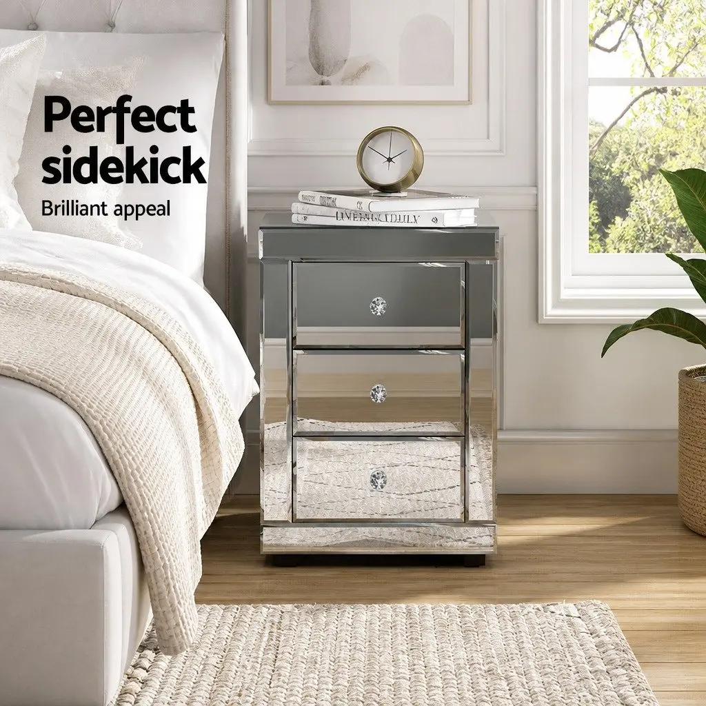 Set of 2 Bedside Tables 3 Drawers Silver Mirrored Glass Bedroom Storage