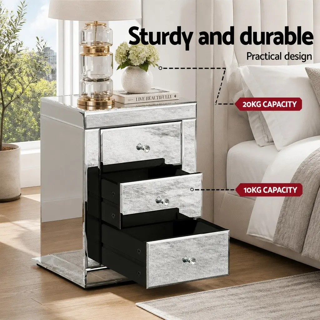 Set of 2 Bedside Tables 3 Drawers Silver Mirrored Glass Bedroom Storage