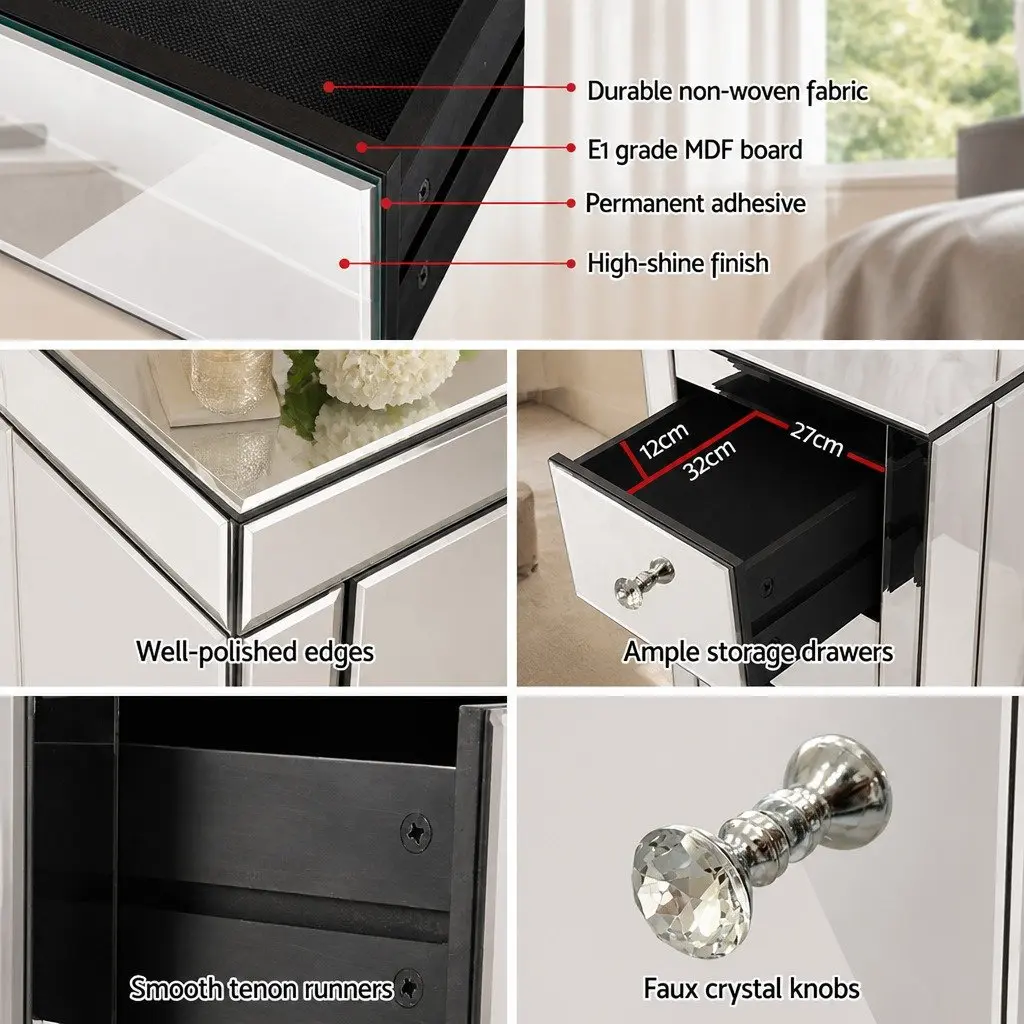 Set of 2 Bedside Tables 3 Drawers Silver Mirrored Glass Bedroom Storage