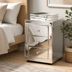 Silver Mirrored Bedside Table with 3 Drawers