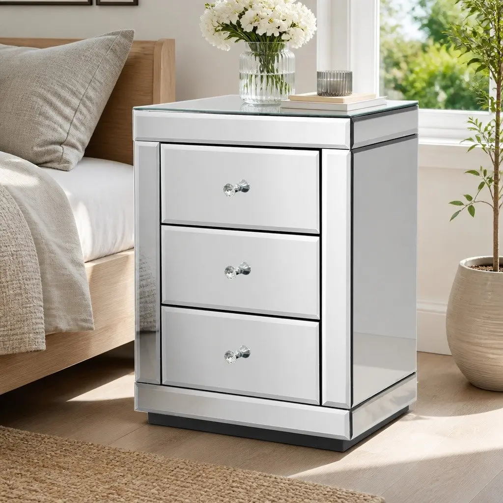 Silver Mirrored Bedside Table with 3 Drawers