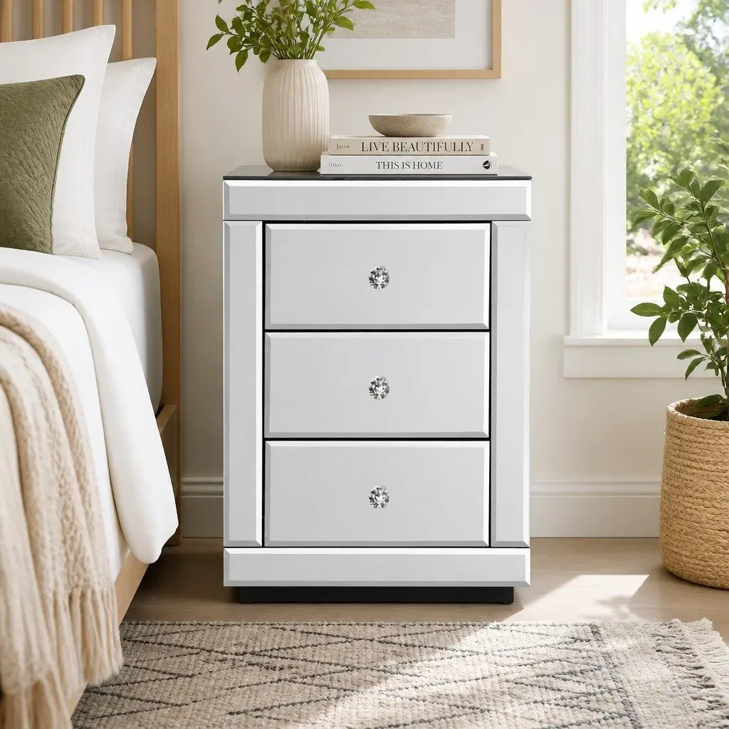 Silver Mirrored Bedside Table with 3 Drawers