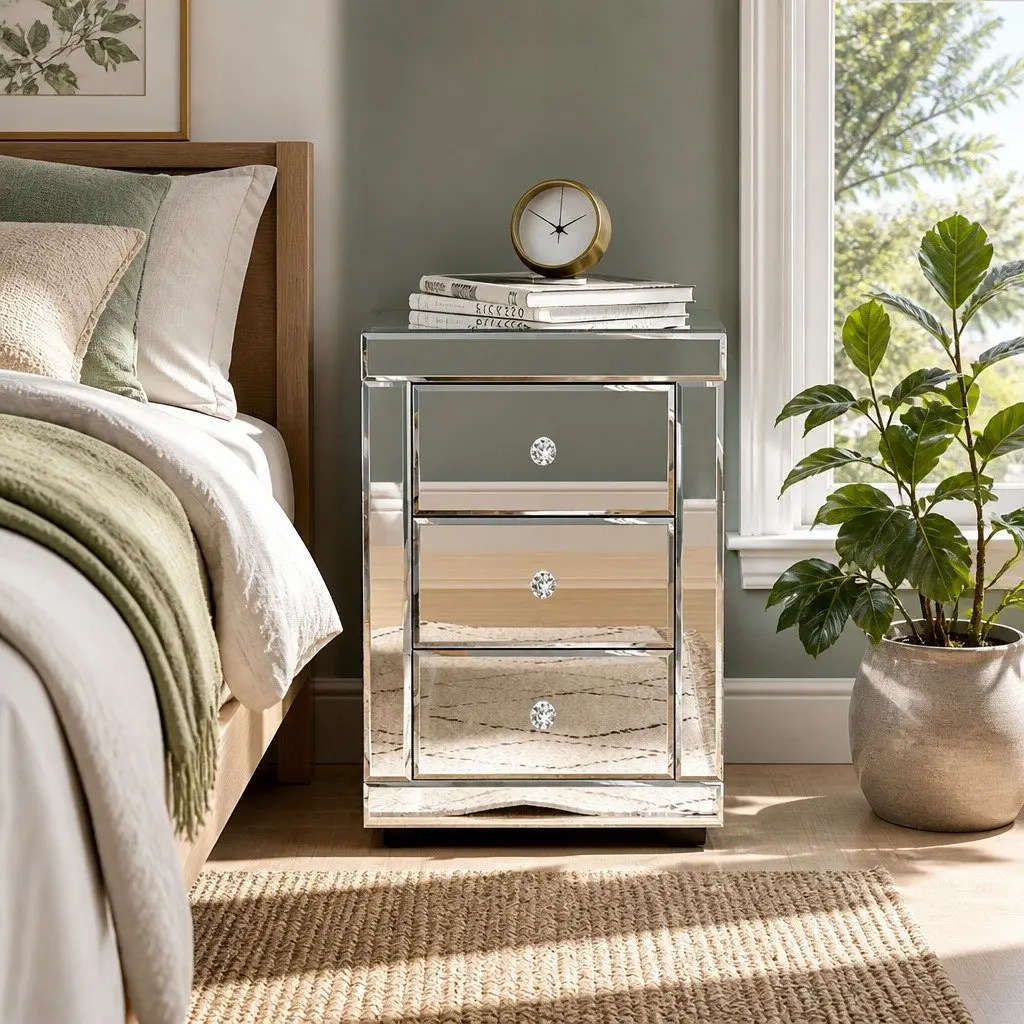 Silver Mirrored Bedside Table with 3 Drawers