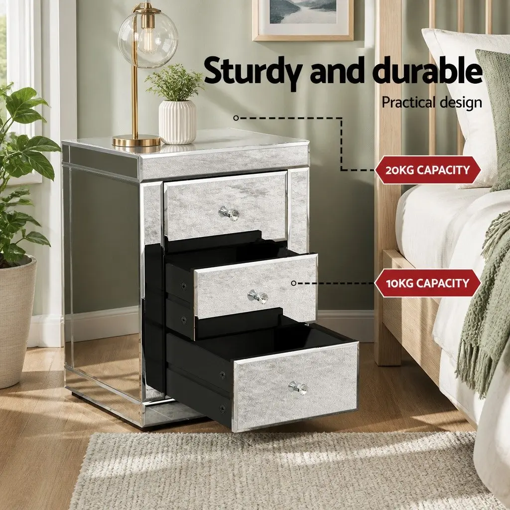 Silver Mirrored Bedside Table with 3 Drawers