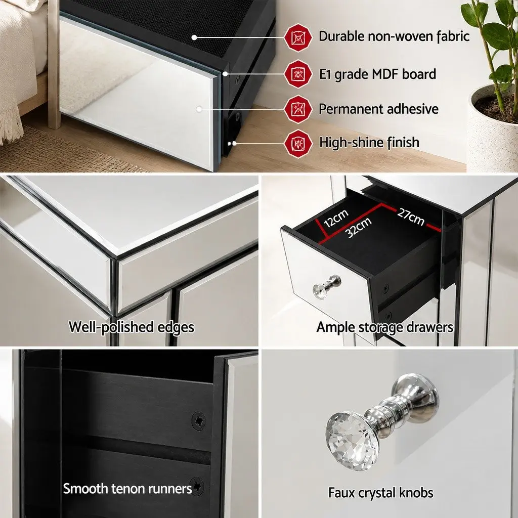 Silver Mirrored Bedside Table with 3 Drawers
