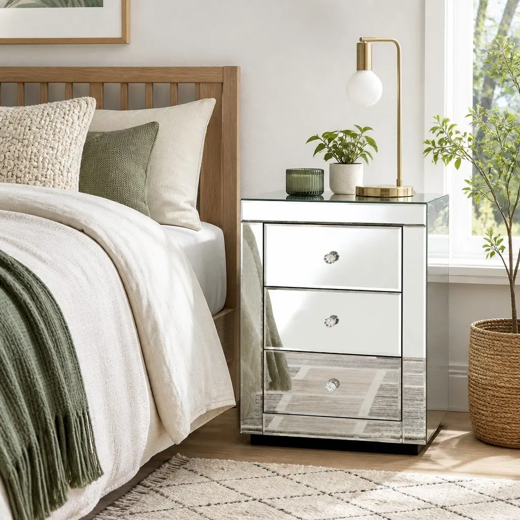 Silver Mirrored Bedside Table with 3 Drawers