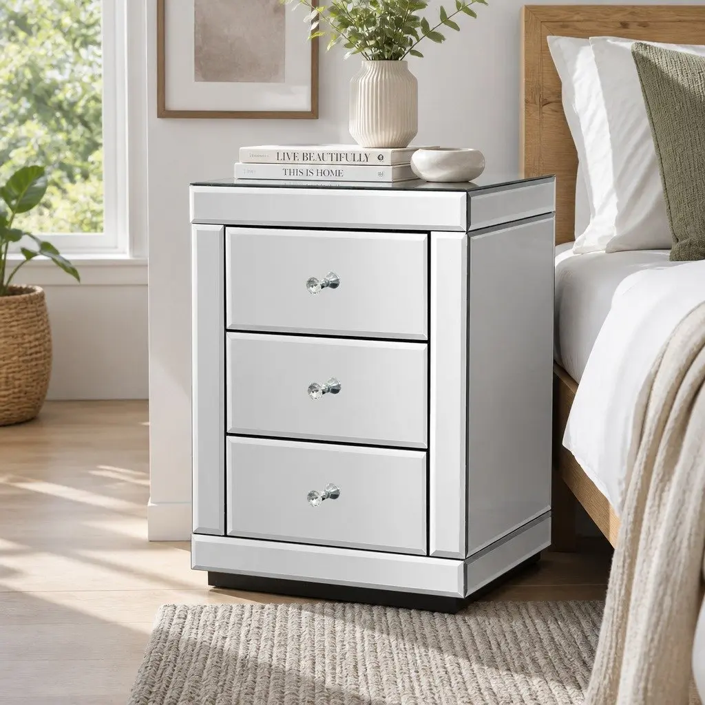 Silver Mirrored Bedside Table with 3 Drawers