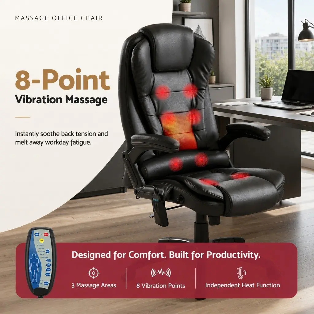 Massage Chair Heated Seat Recliner High Back 8 Point PU Black