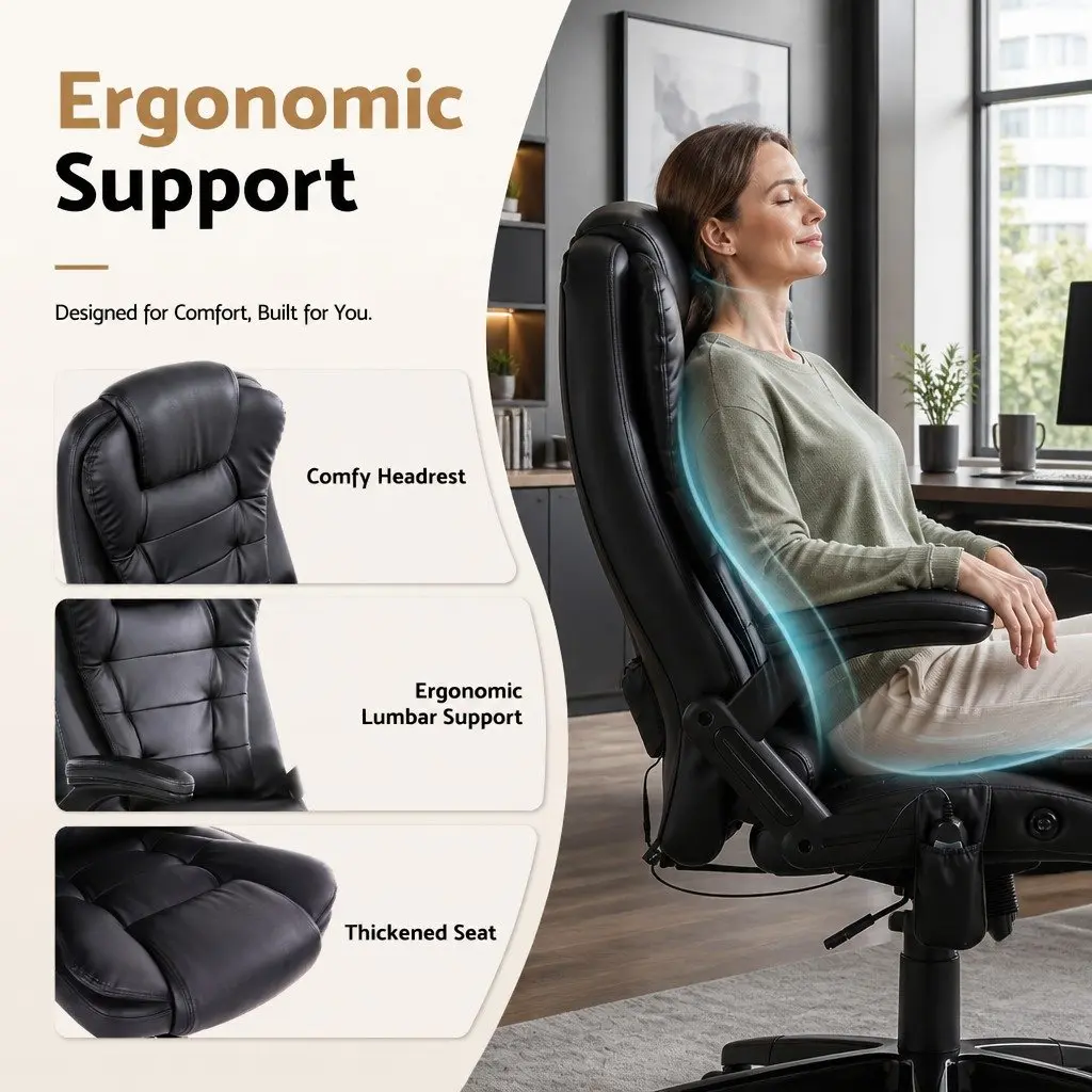 Massage Chair Heated Seat Recliner High Back 8 Point PU Black