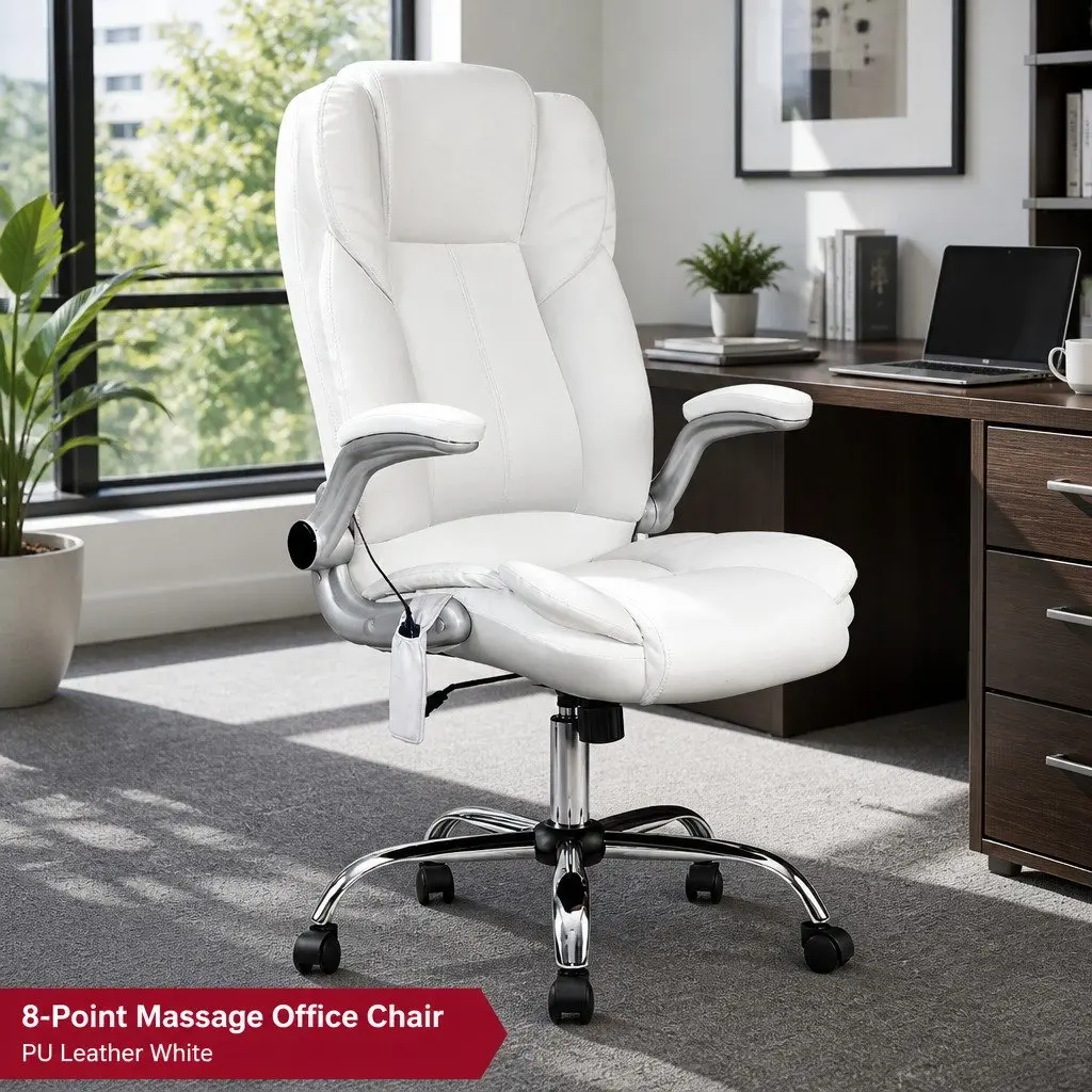 8-Point Massage Office Chair High Back White PU Leather