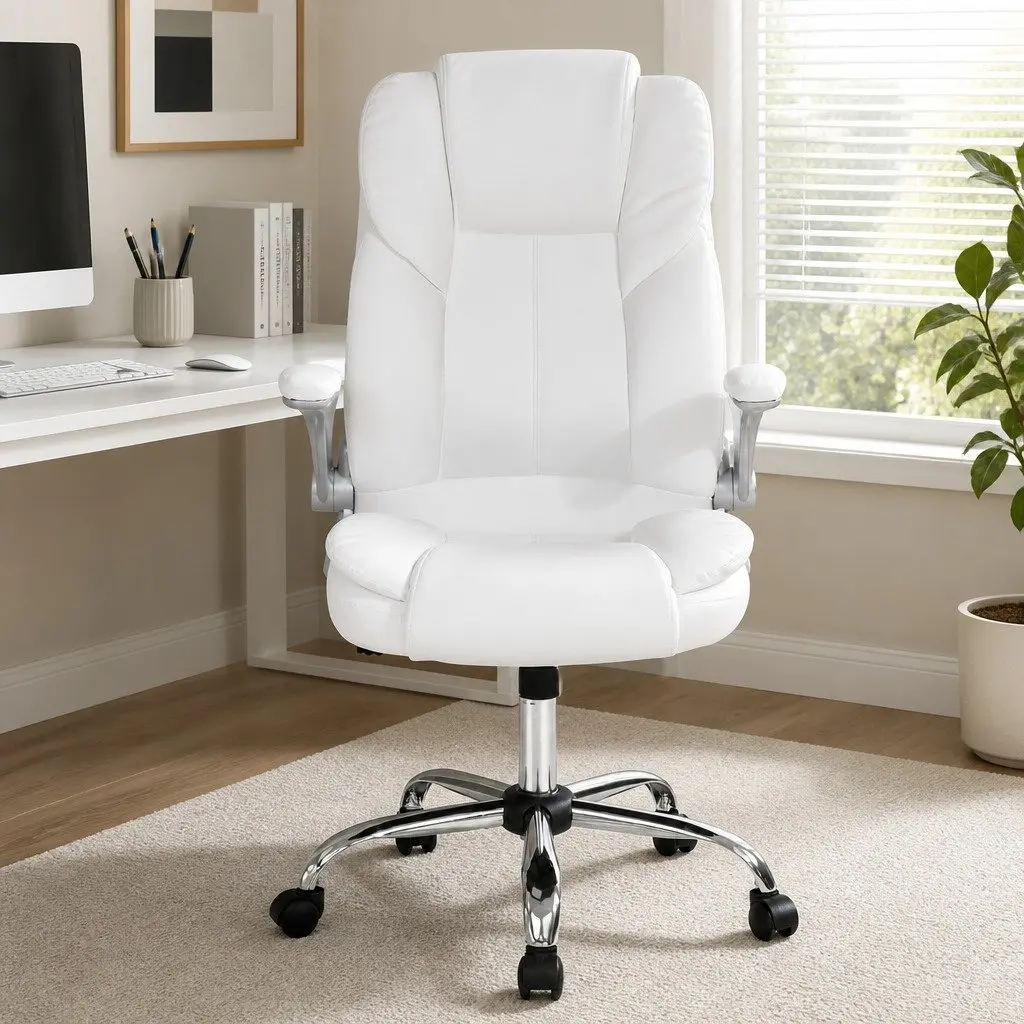 8-Point Massage Office Chair High Back White PU Leather