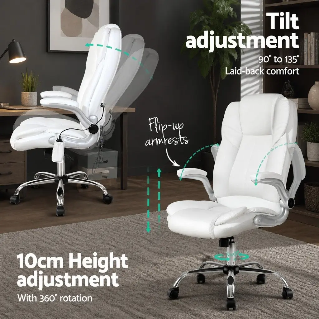 8-Point Massage Office Chair High Back White PU Leather