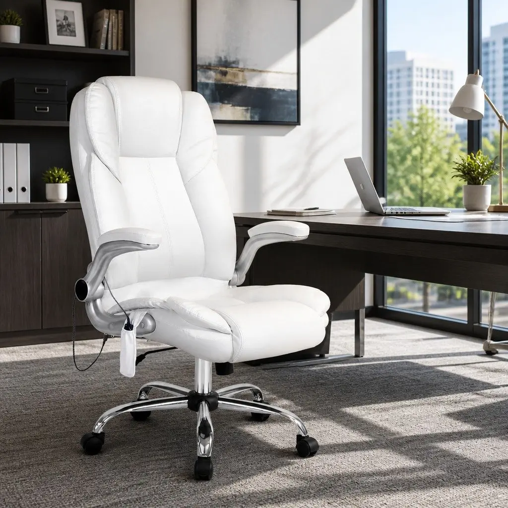 8-Point Massage Office Chair High Back White PU Leather