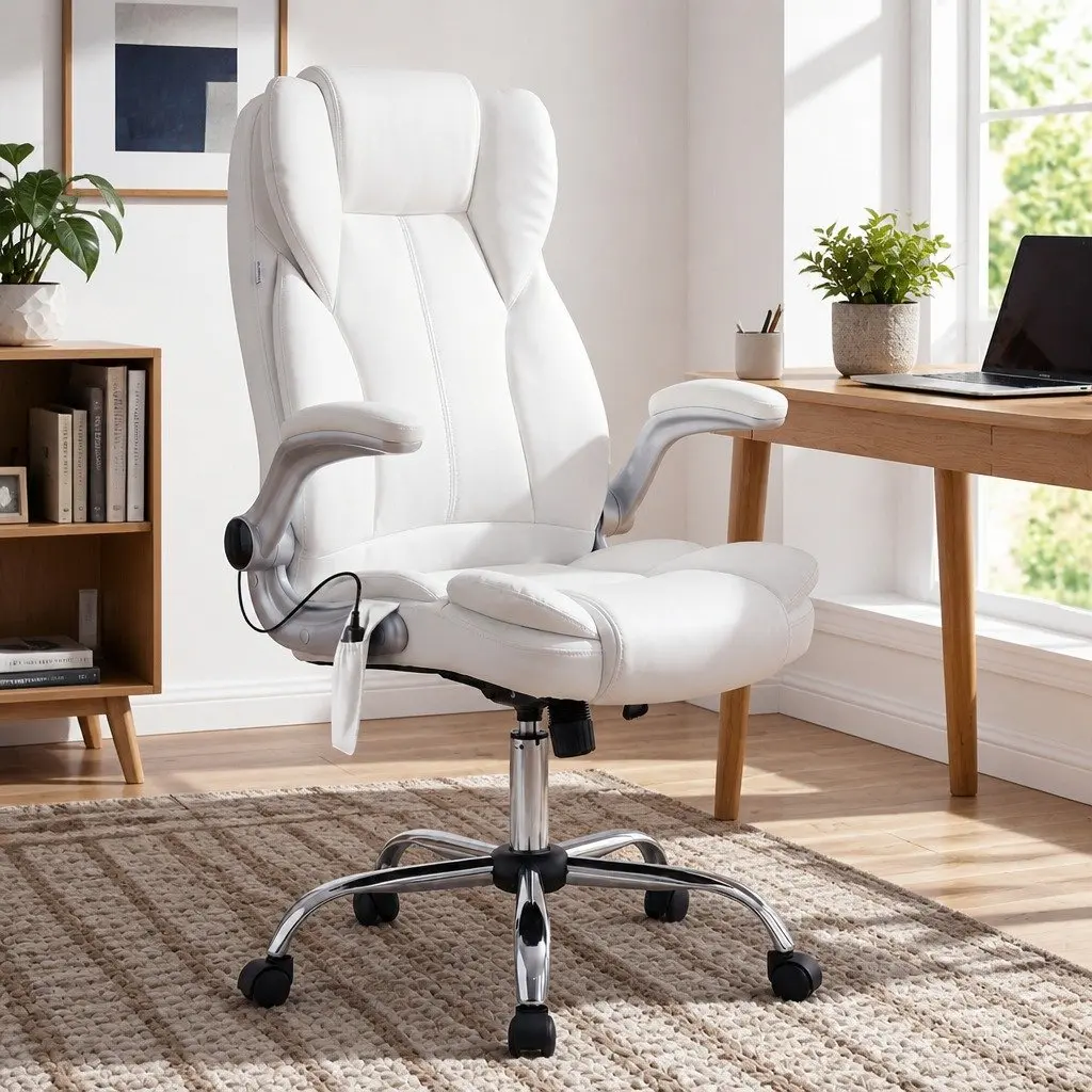 8-Point Massage Office Chair High Back White PU Leather