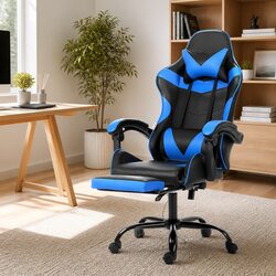 Ergonomic Blue Massage Gaming Office Chair with Footrest