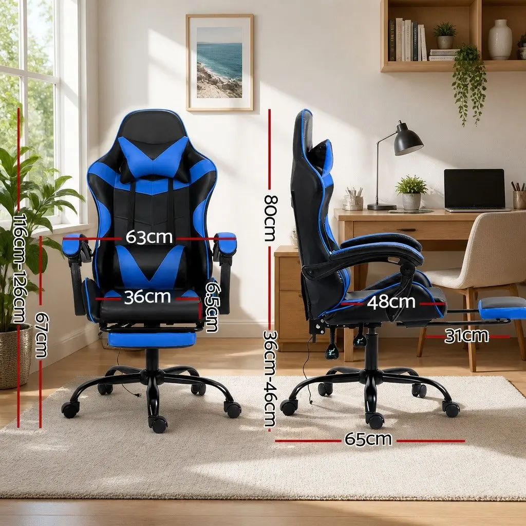 Massage Chair Ergonomic Blue PVC Leather 36 to 46cm Height with Footrest and 2 Point Vibration