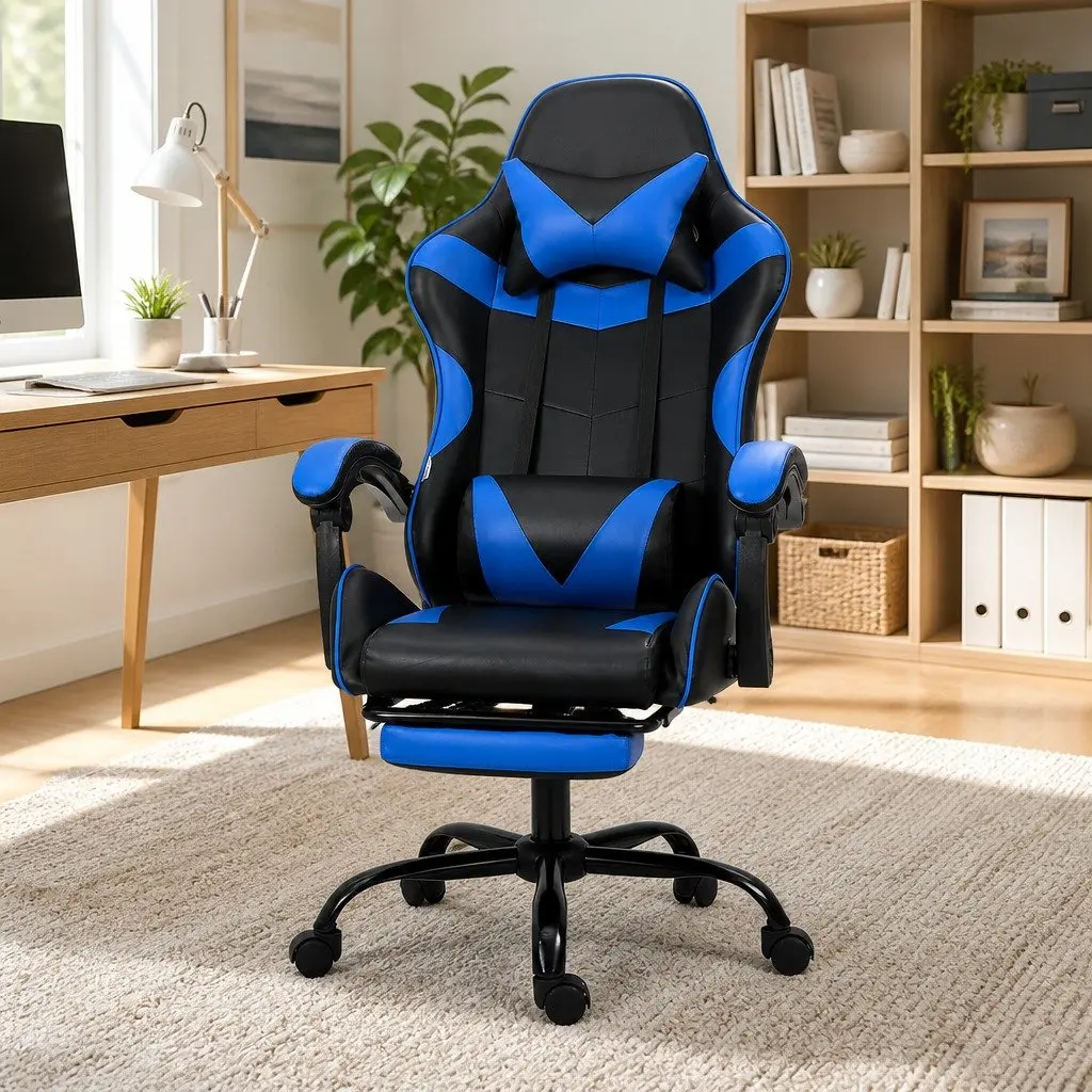 Massage Chair Ergonomic Blue PVC Leather 36 to 46cm Height with Footrest and 2 Point Vibration