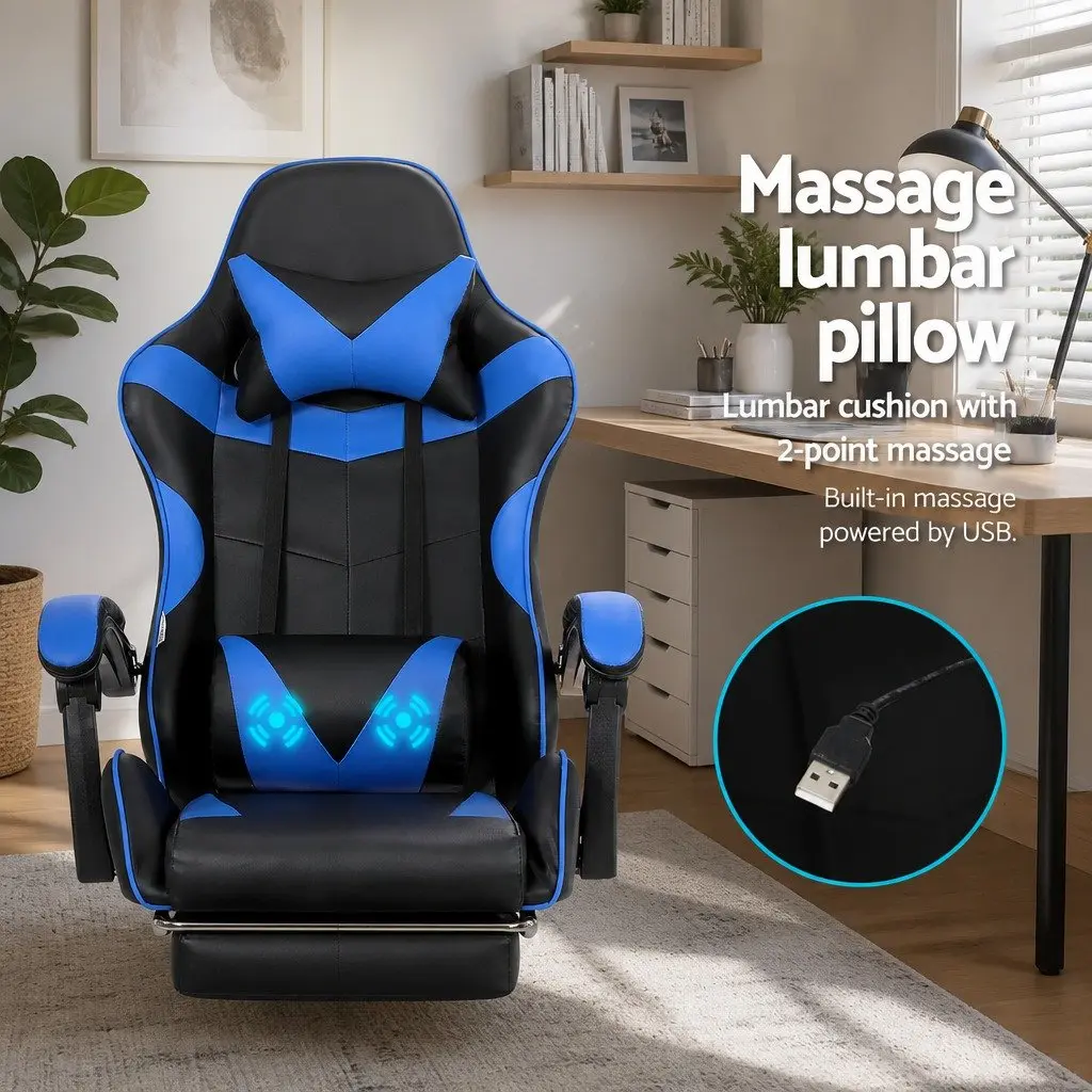 Massage Chair Ergonomic Blue PVC Leather 36 to 46cm Height with Footrest and 2 Point Vibration