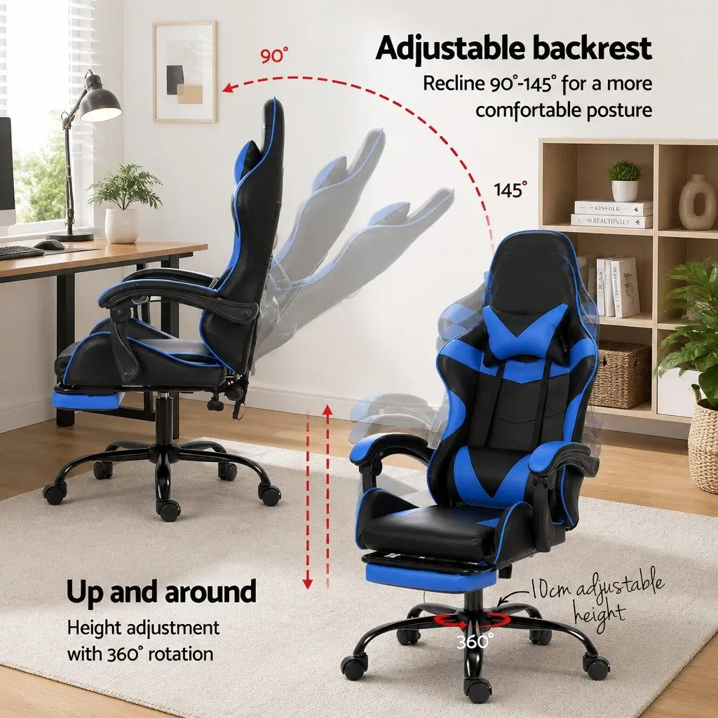 Massage Chair Ergonomic Blue PVC Leather 36 to 46cm Height with Footrest and 2 Point Vibration