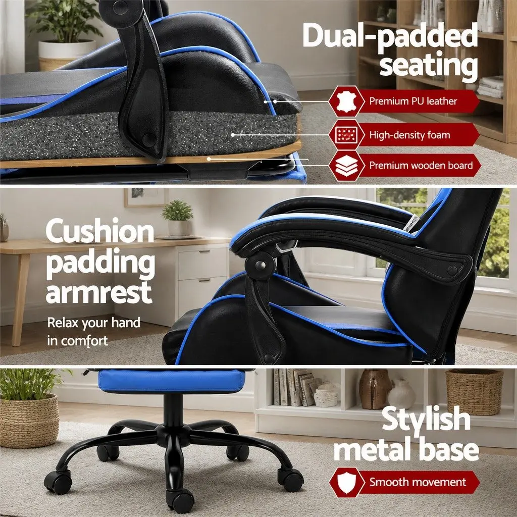 Massage Chair Ergonomic Blue PVC Leather 36 to 46cm Height with Footrest and 2 Point Vibration