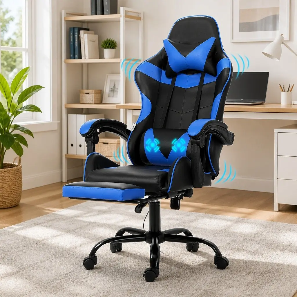 Massage Chair Ergonomic Blue PVC Leather 36 to 46cm Height with Footrest and 2 Point Vibration