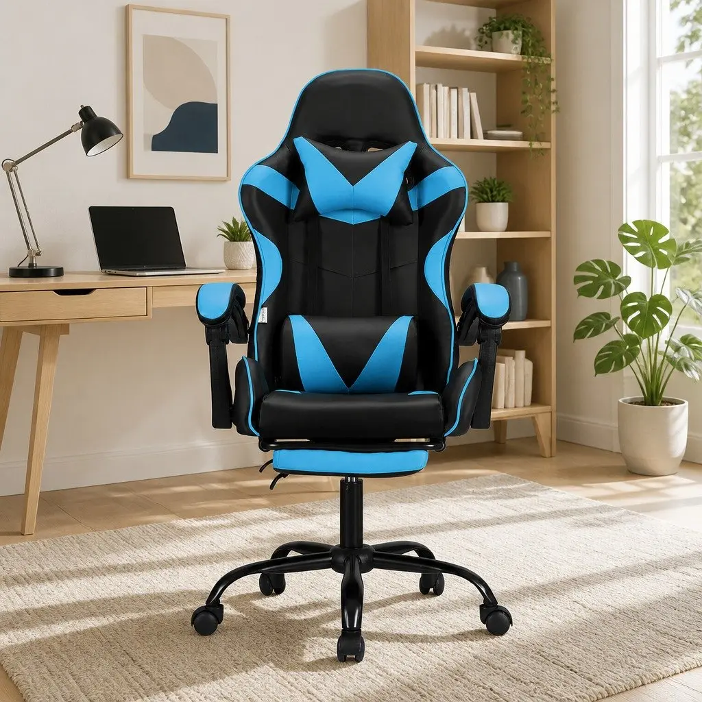 Cyan Blue Ergonomic Massage Gaming Office Chair
