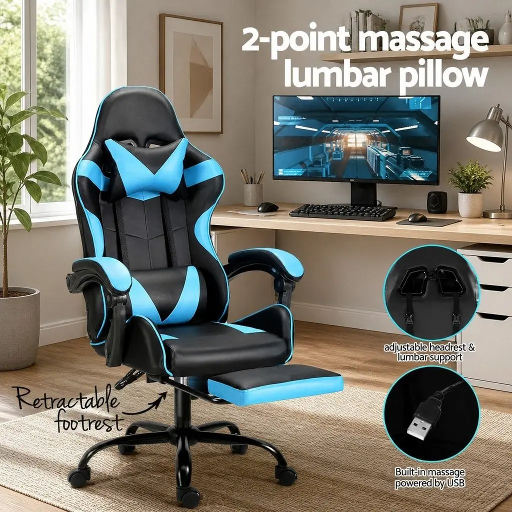 Cyan Blue Ergonomic Massage Gaming Office Chair