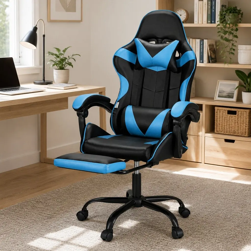 Cyan Blue Ergonomic Massage Gaming Office Chair