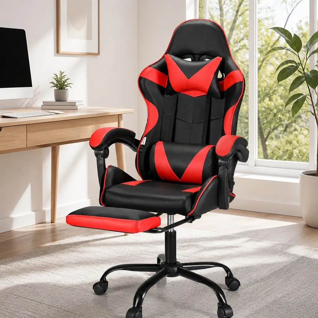 Massage Gaming Office Chair Ergonomic Reclining Red Black PVC Leather