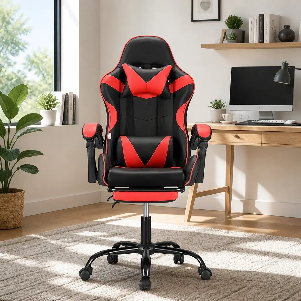 Massage Gaming Office Chair Ergonomic Reclining Red Black PVC Leather