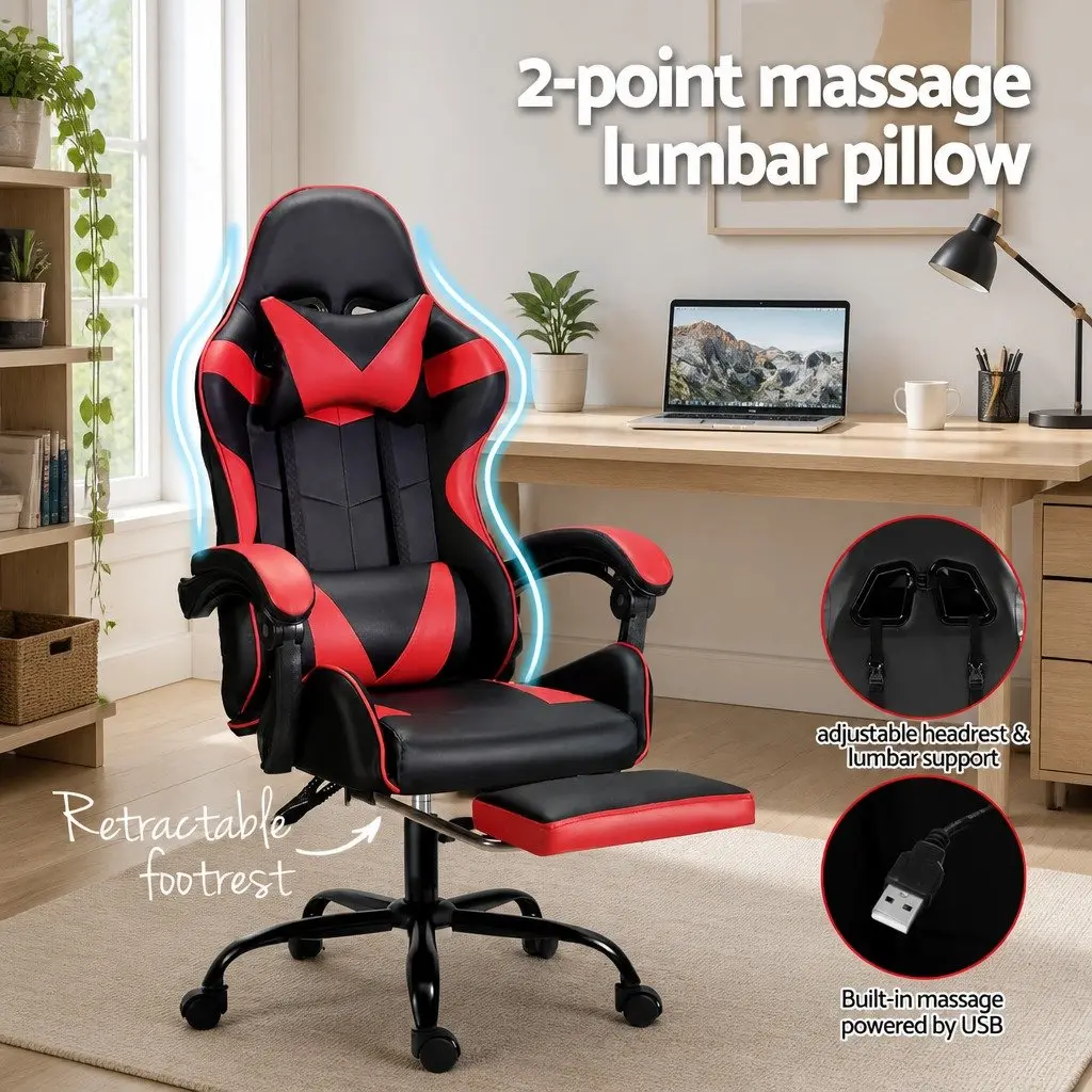 Massage Gaming Office Chair Ergonomic Reclining Red Black PVC Leather