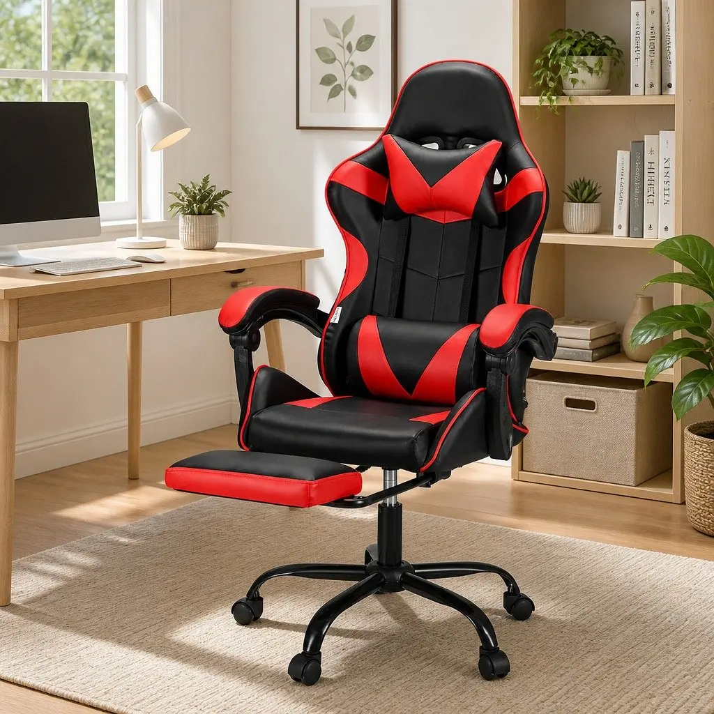 Massage Gaming Office Chair Ergonomic Reclining Red Black PVC Leather