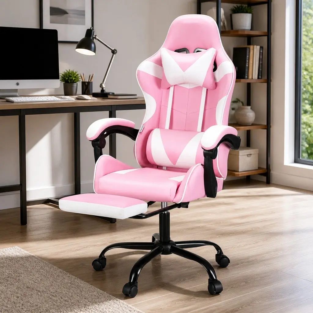 Massage Gaming Office Chair with Footrest 2 Point Vibration Lumbar Support