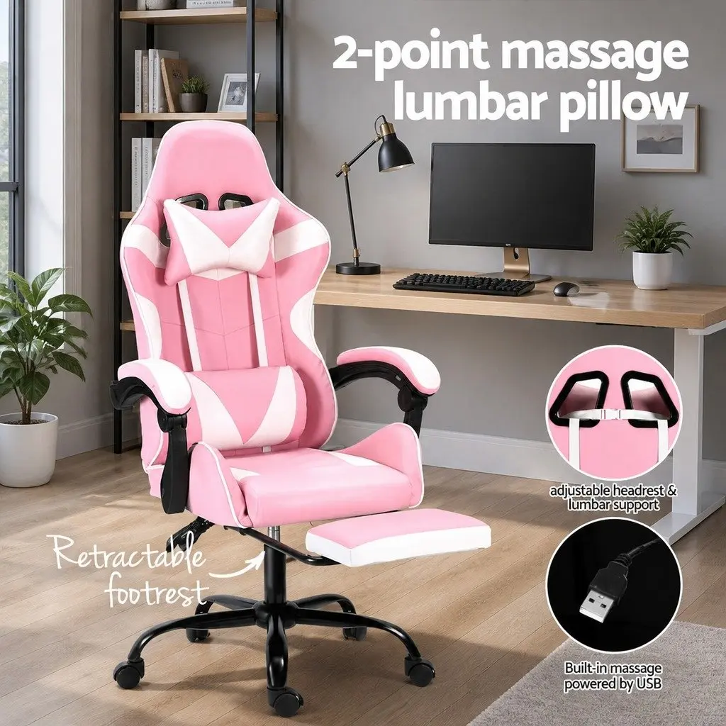 Massage Gaming Office Chair with Footrest 2 Point Vibration Lumbar Support