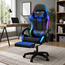 Blue Ergonomic Massage Gaming Office Chair with LED Footrest
