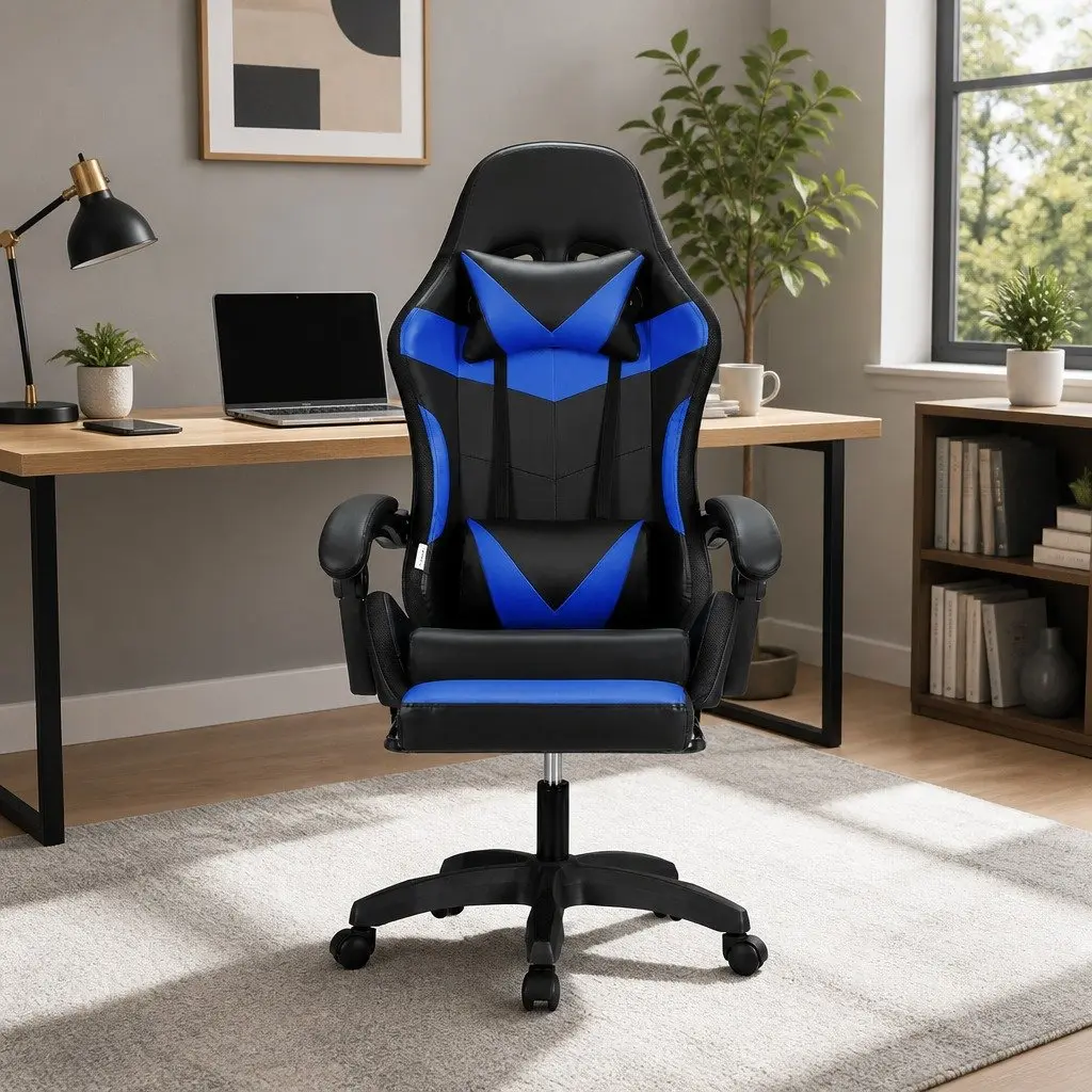 Blue Ergonomic Massage Gaming Office Chair with LED Footrest